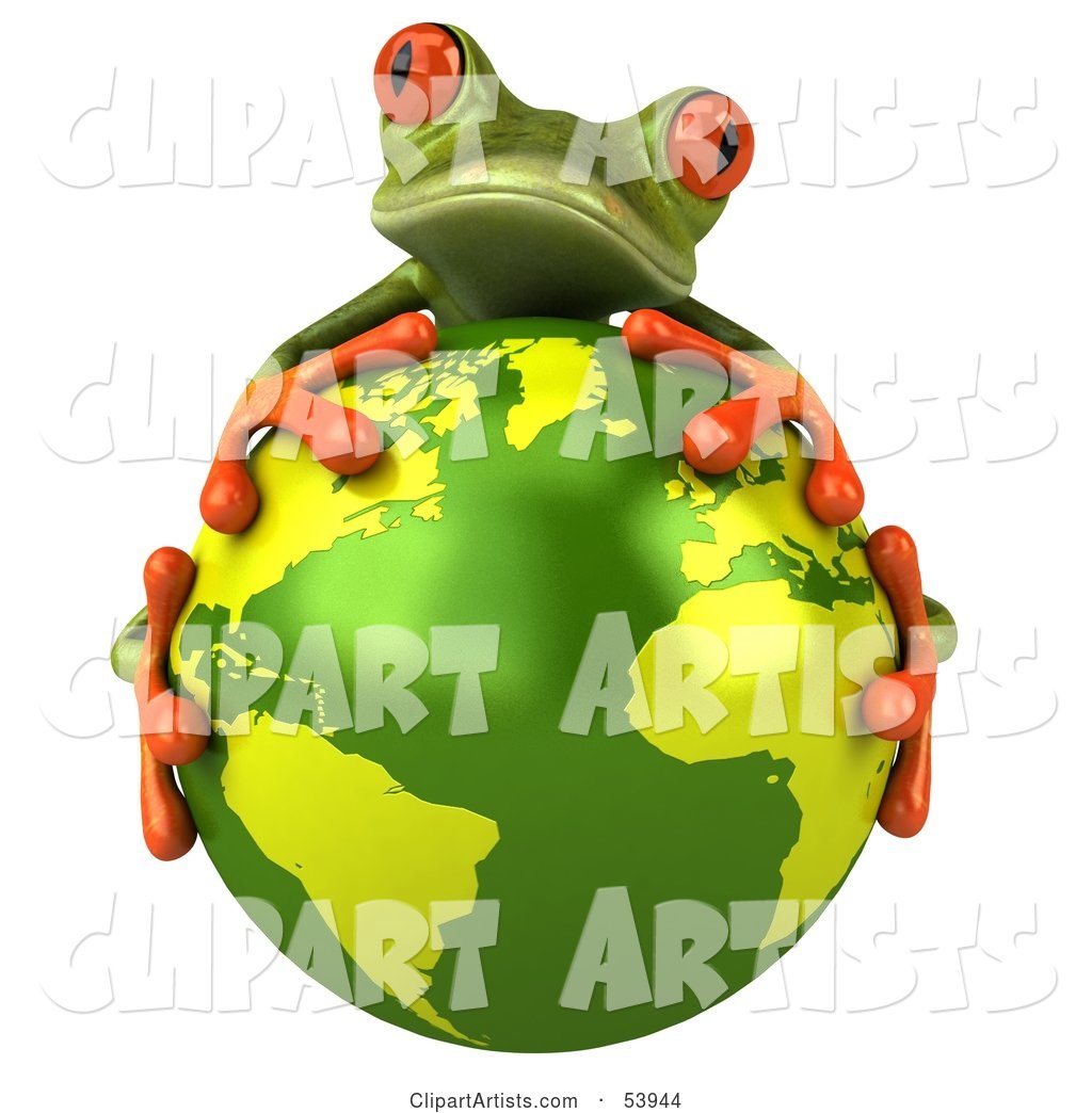 Cute Green Tree Frog Hugging the Planet - Pose 1