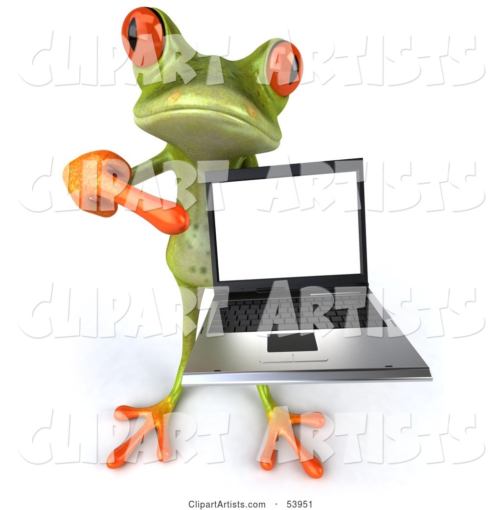 Cute Green Tree Frog Presenting a Laptop - Pose 4