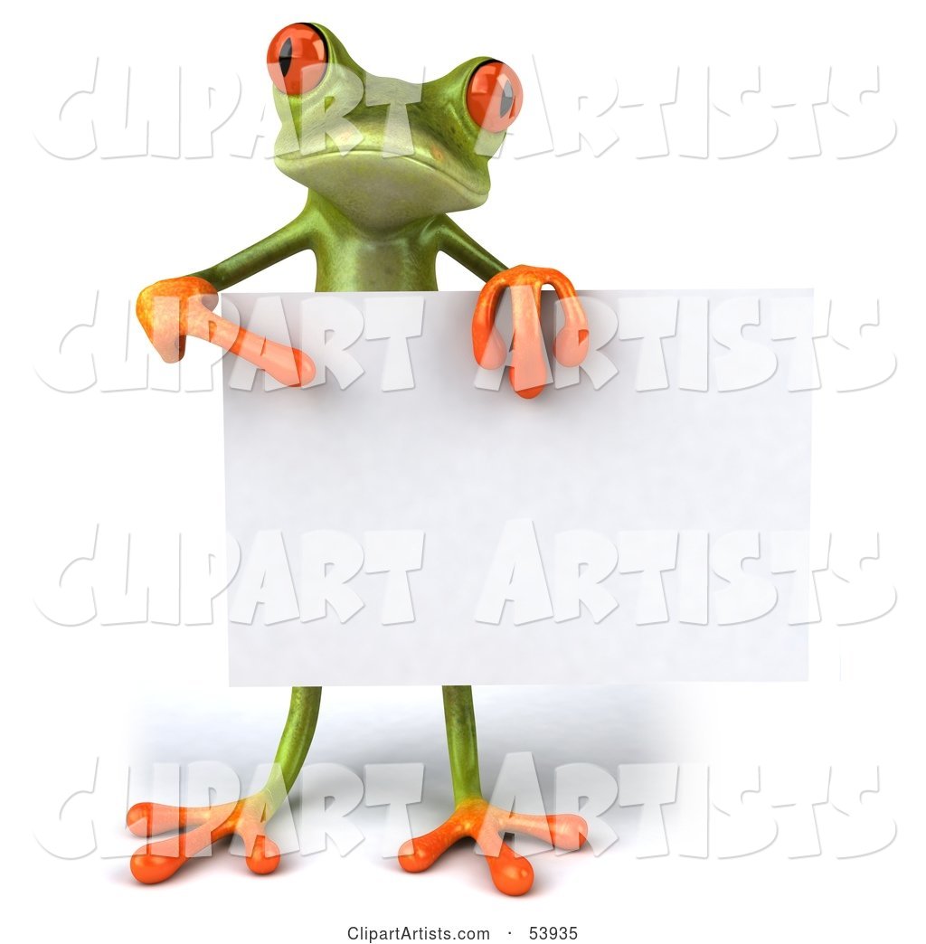 Cute Green Tree Frog Standing Behind a Blank Sign and Pointing to It