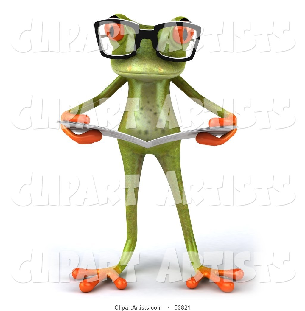 Cute Green Tree Frog Wearing Glasses and Reading - Pose 4