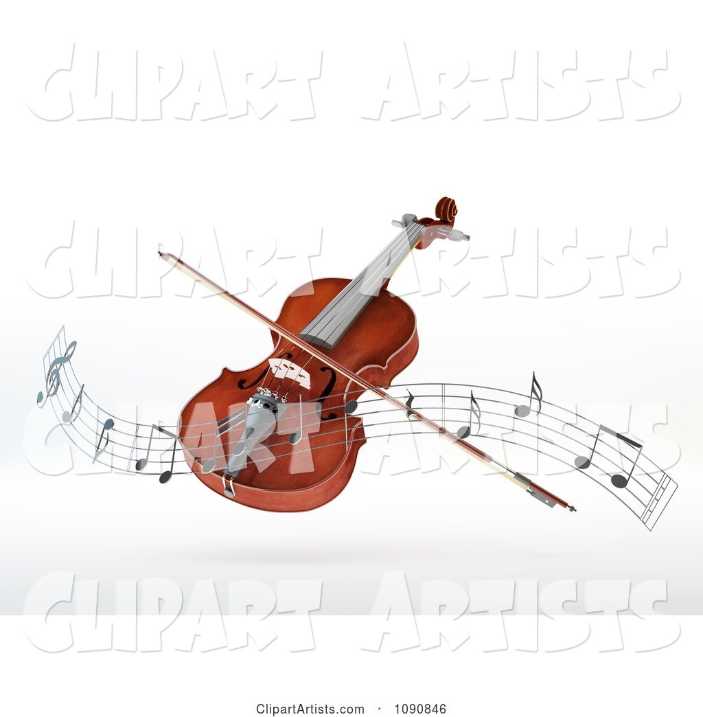 Floating Violin and Bow with a Wave of Music Notes