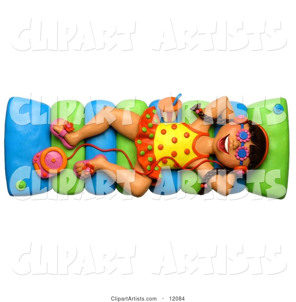 Girl Listening to an Mp3 Player and Floating in a Pool