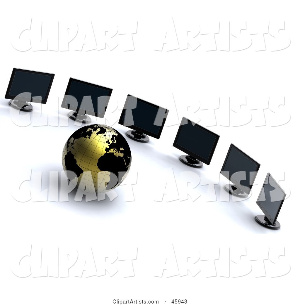 Gold and Black Globe Surrounded by Computer Monitors, Symbolizing Networking and International Business
