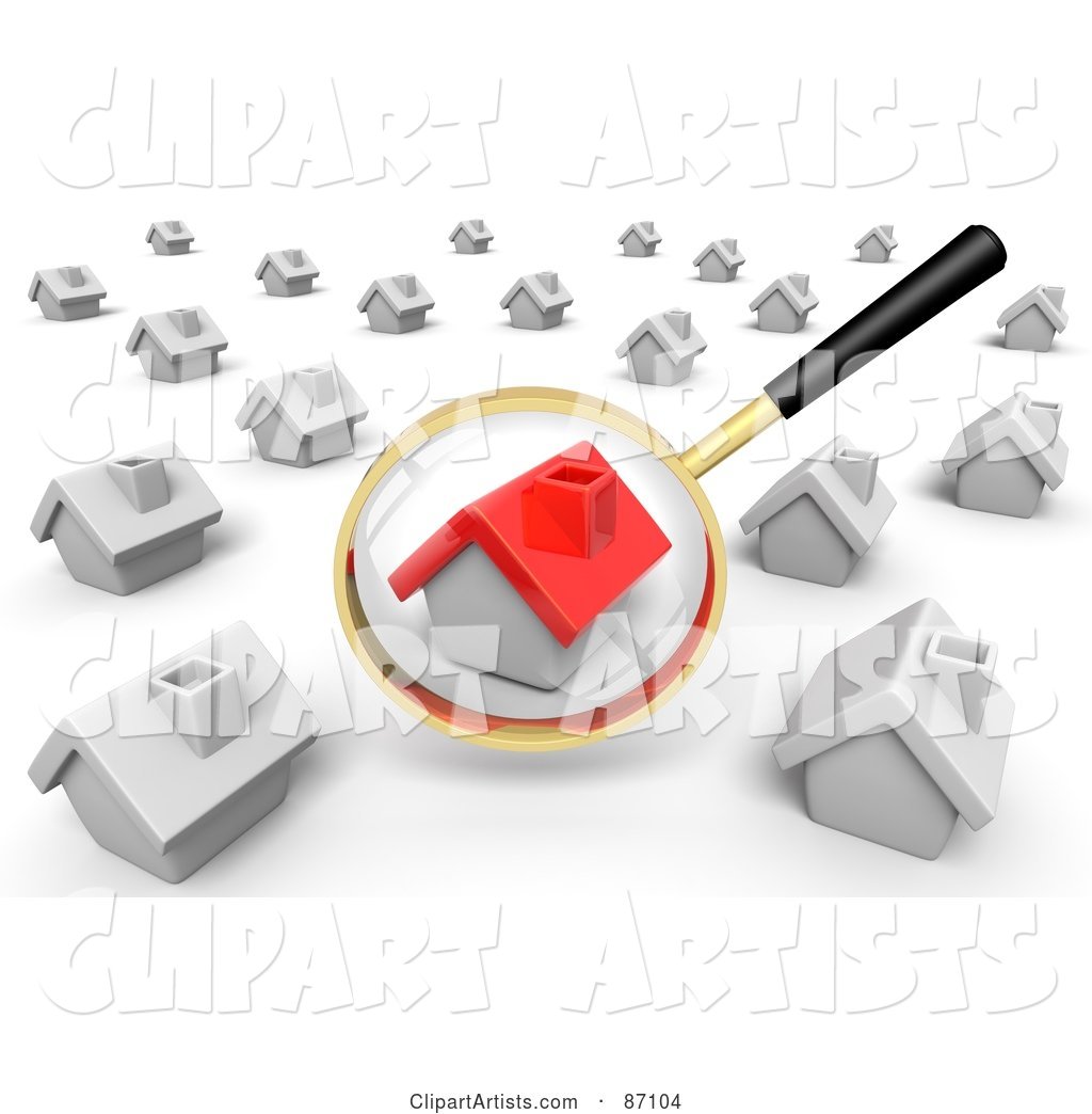 Golden Magnifying Glass Viewing a Red House in a Crowd of White Ones