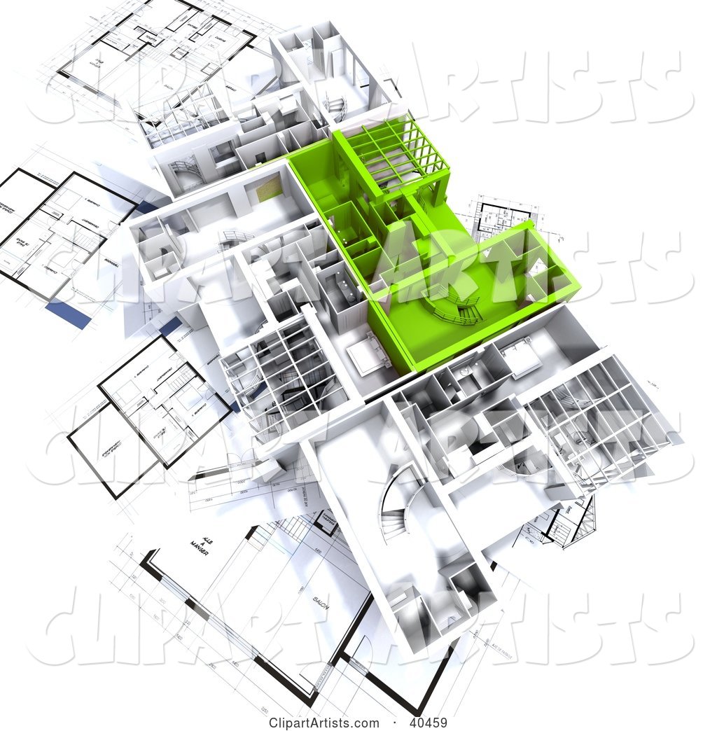 Green and White House Floor Plans on Blueprints