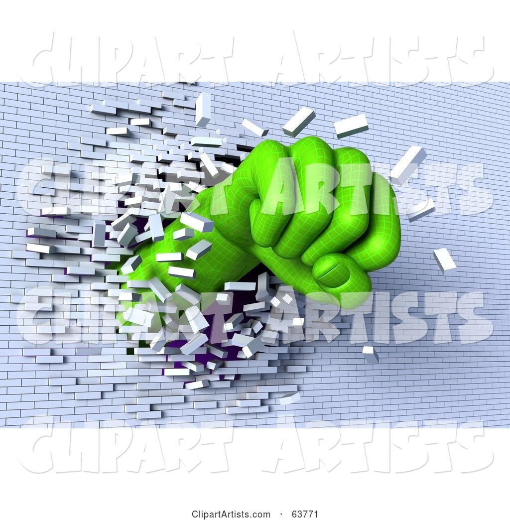 Green Wire Frame Fist Breaking Through a White Brick Wall