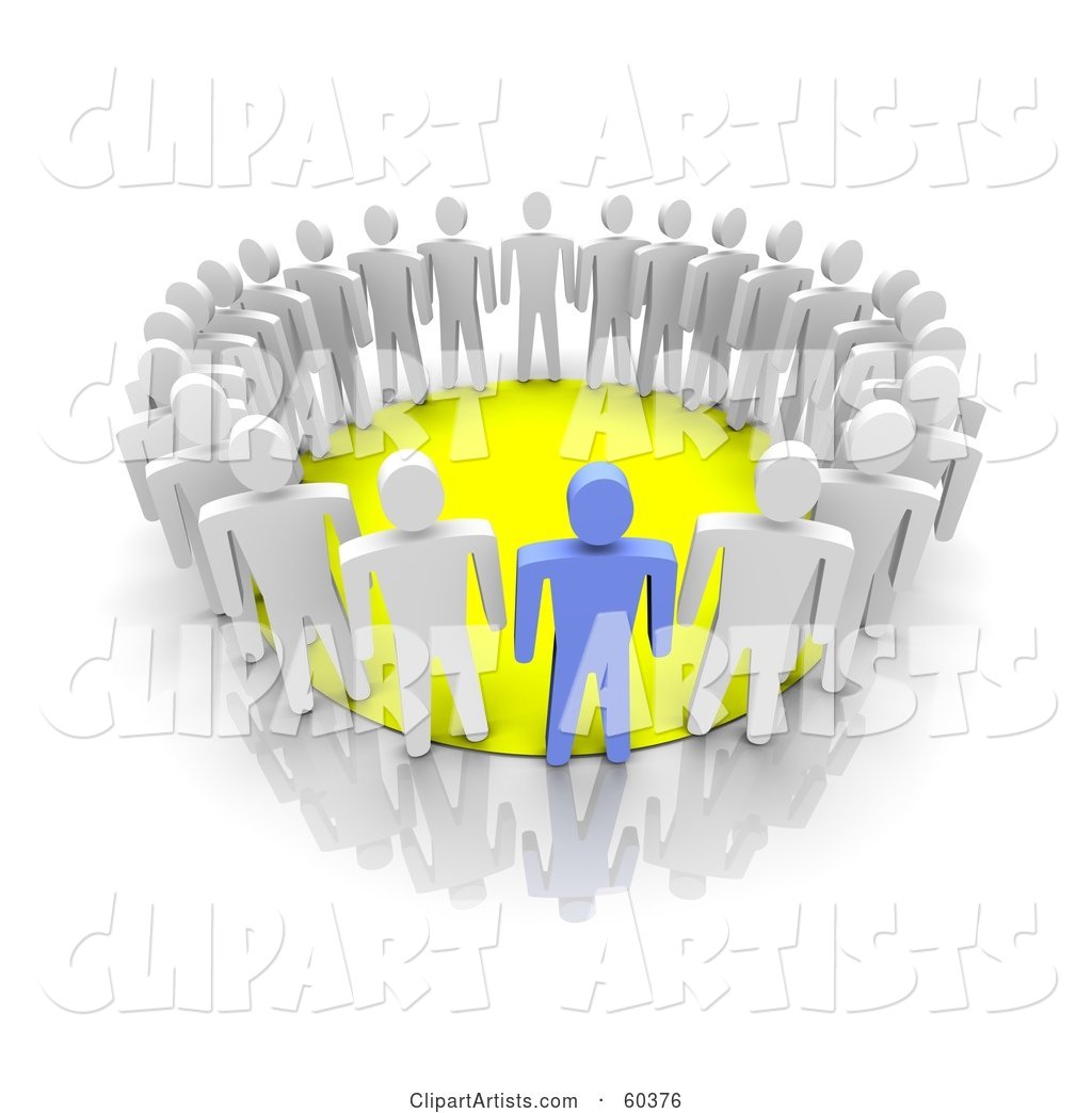 Group of Blue and White Men Standing Around a Yellow Circle