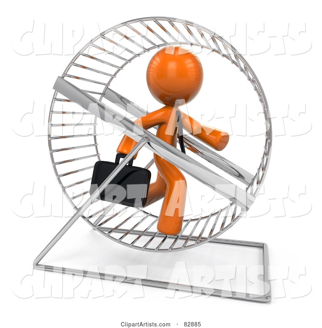Orange Businessman Running in a Hamster Wheel