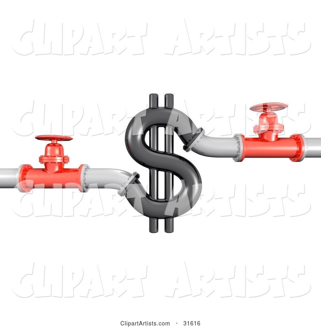 Piping and Shut off Valves on Both Sides of a Dollar Sign, Symbolizing Wasting Money, Plumbing Costs and Debt