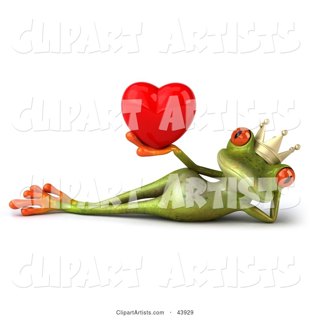 Reclined Green Frog Prince Wearing a Crown and Holding up a Red Heart