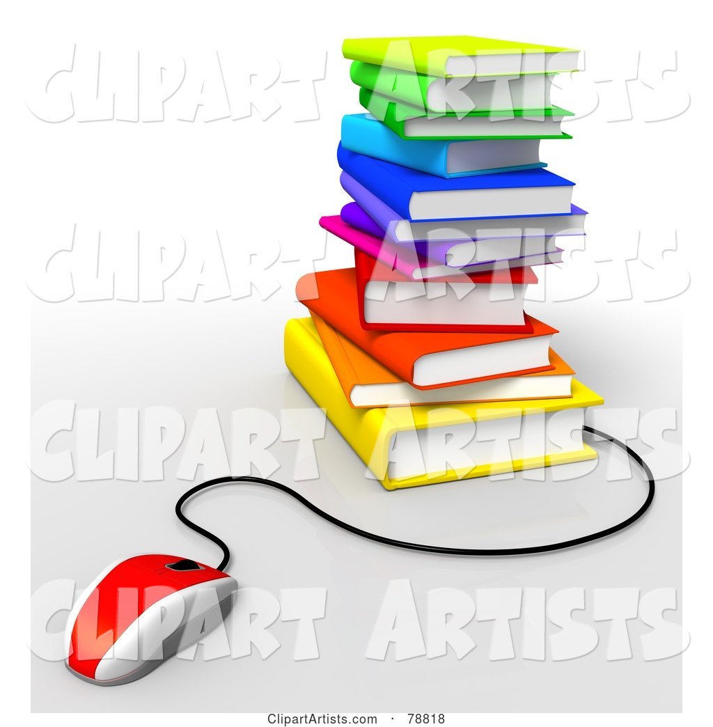 Red Computer Mouse Connected to a Stack of Colorful Text Books