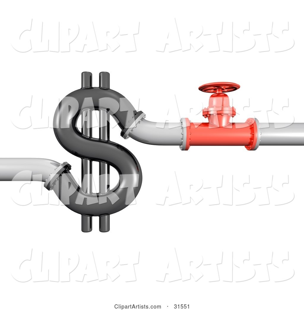 Red Shut off Valve near a Black Pipe in the Shape of a Dollar Symbol, Symbolizing Wasting Money, Plumbing Costs and Debt
