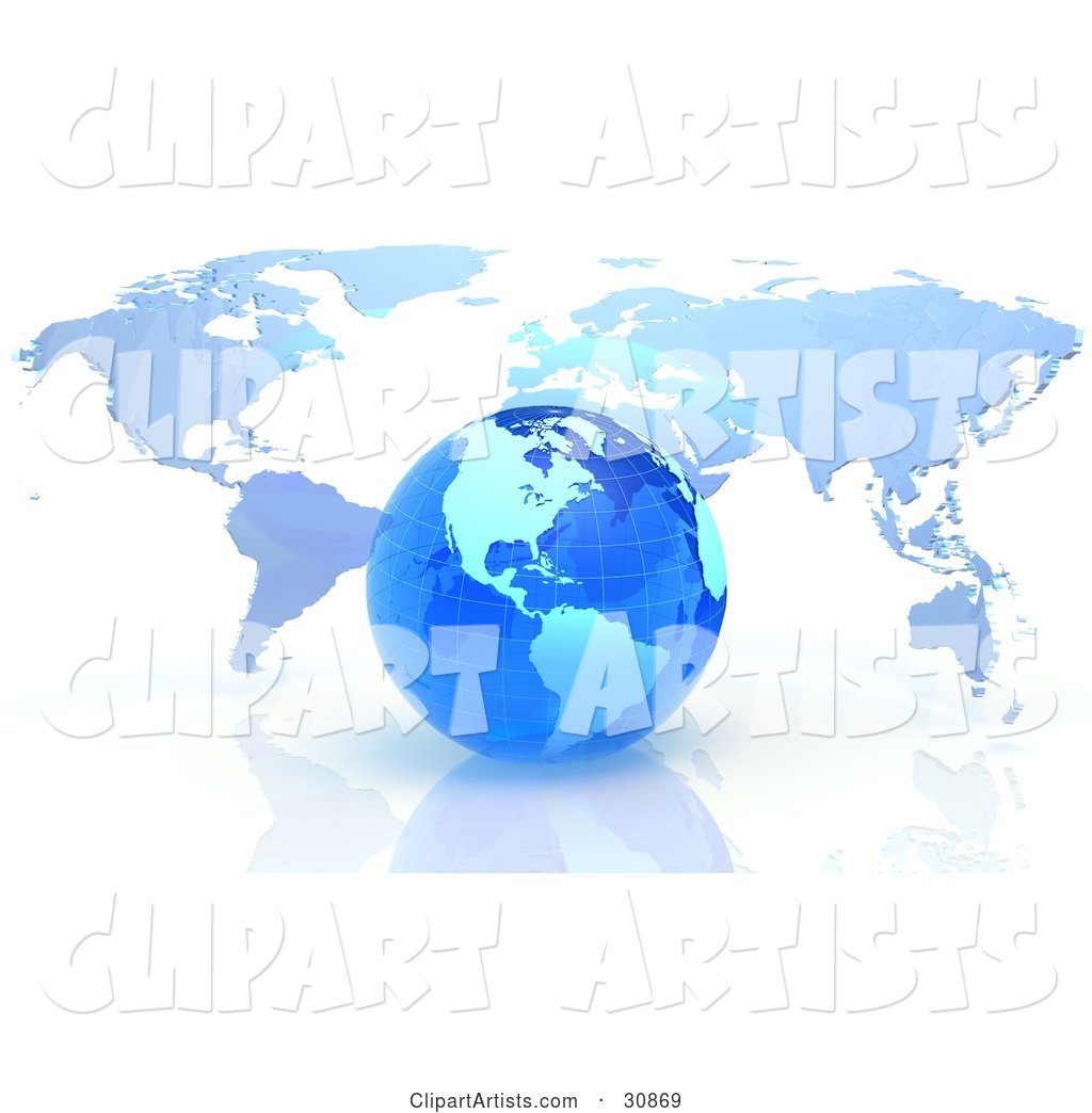 Rendered Blue Grid Globe in Front of a Flat Atlas Map