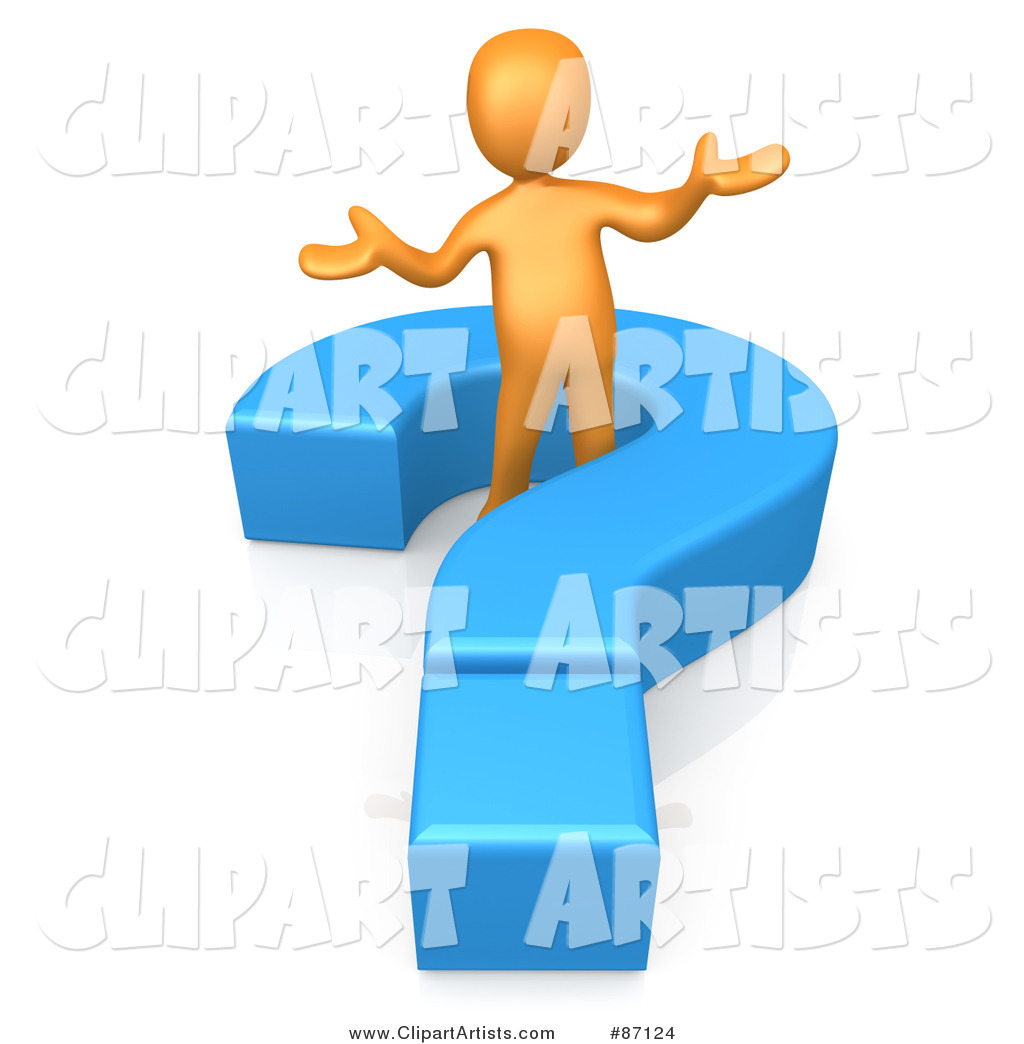 Rendered Orange Man Shrugging and Standing in a Blue Question Mark