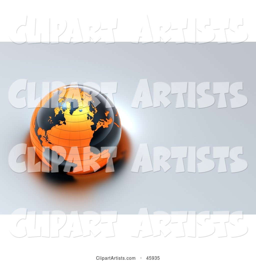 Shiny Globe with Black Continents and Orange Oceans, Floating on Gray Water