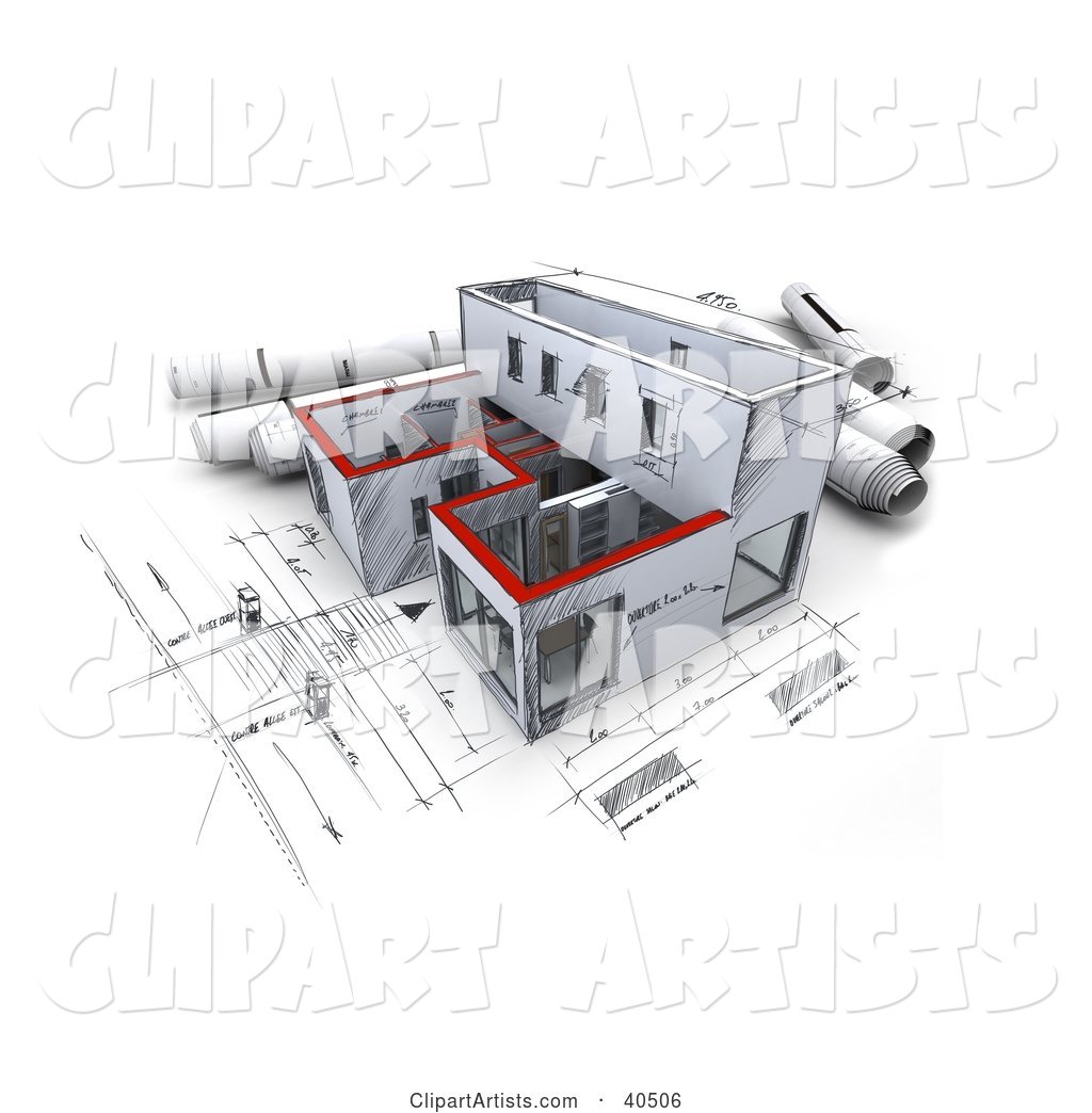 Sketched Building with Rolled Blueprints