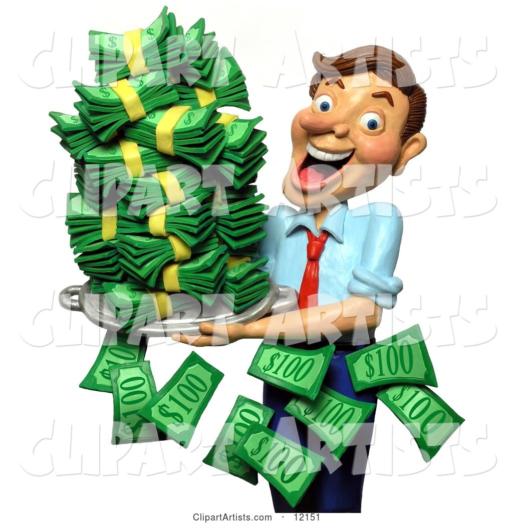 Successful Businessman Holding a Tray of Cash Money