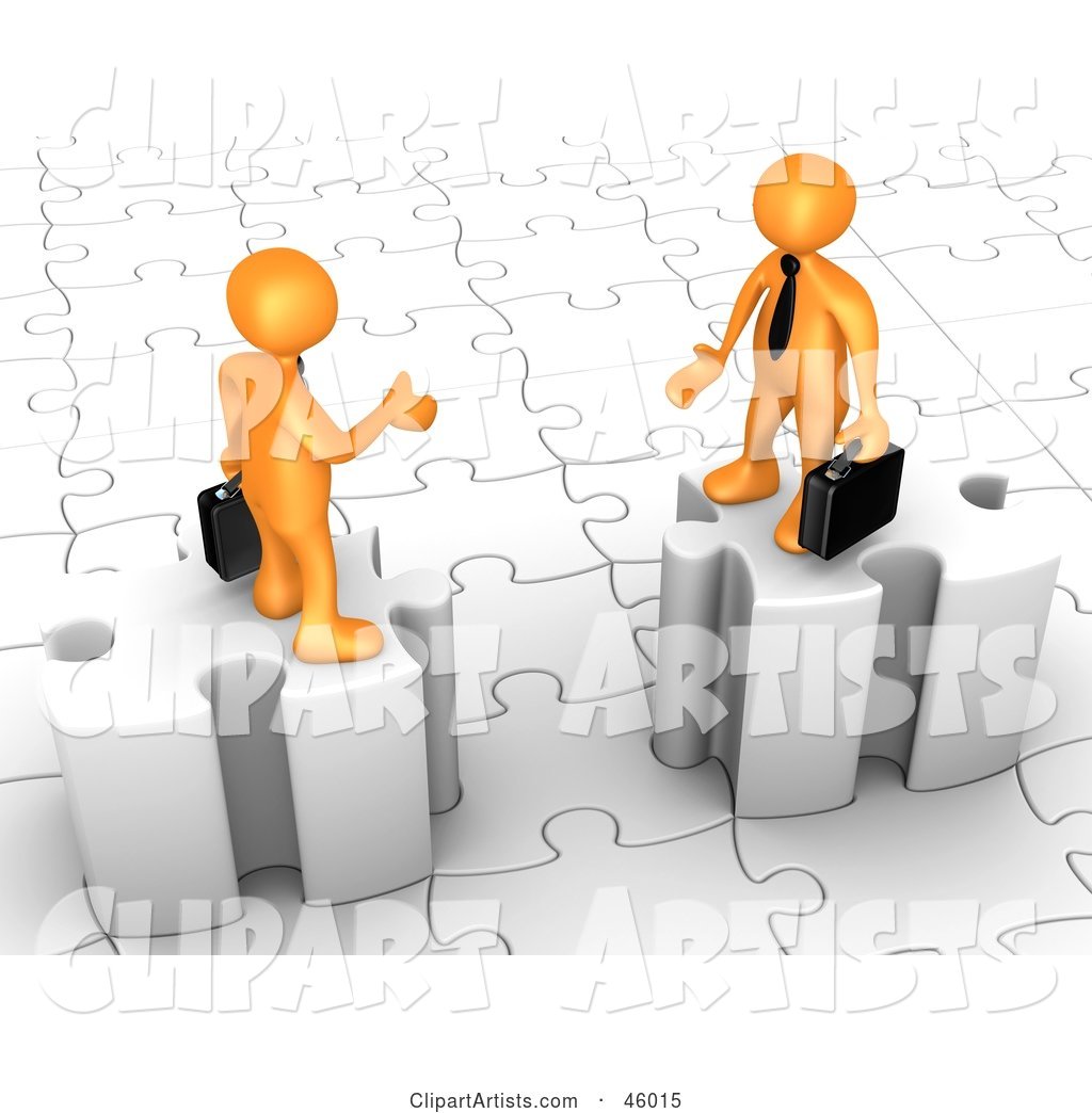 Two Orange Businessmen on Puzzle Pieces, Reaching out to Shake Hands