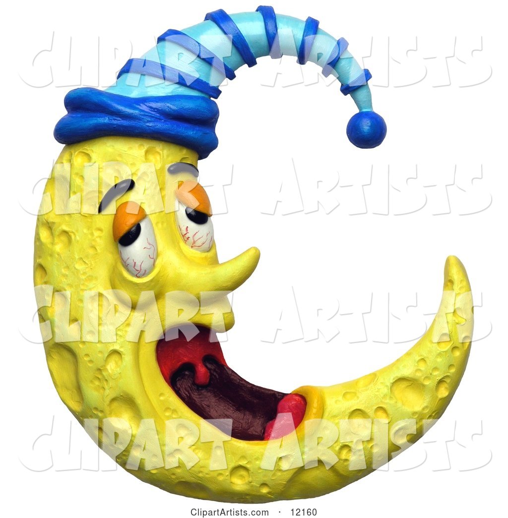 Yawning Tired Crescent Moon with a Cap