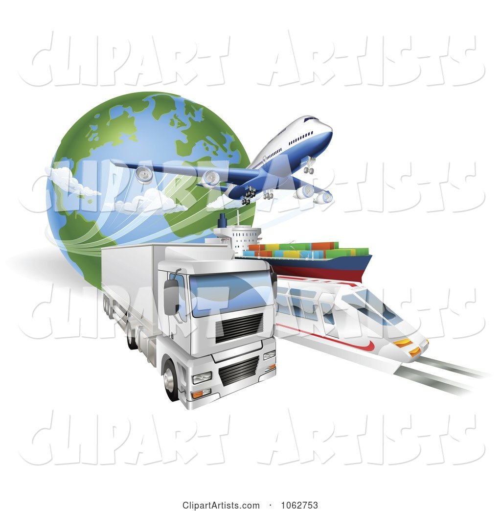 Big Rig, Train, Cargo Ship and Airplane with a Globe