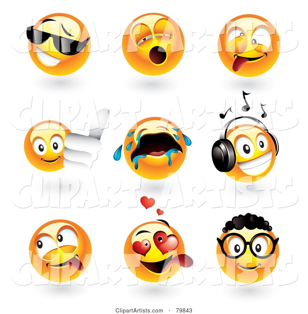 Digital Collage of Emoticon Faces; Cool, Yawning, Goofy, Thumbs Up, Crying, Music, Teasing, Amorous and Nerd
