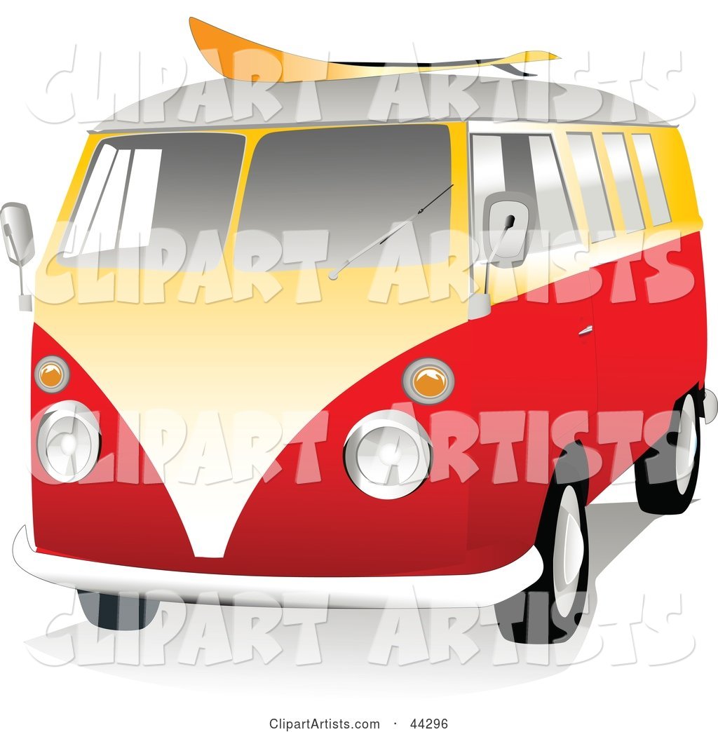 Orange and Yellow VW Van with a Surf Board on the Roof