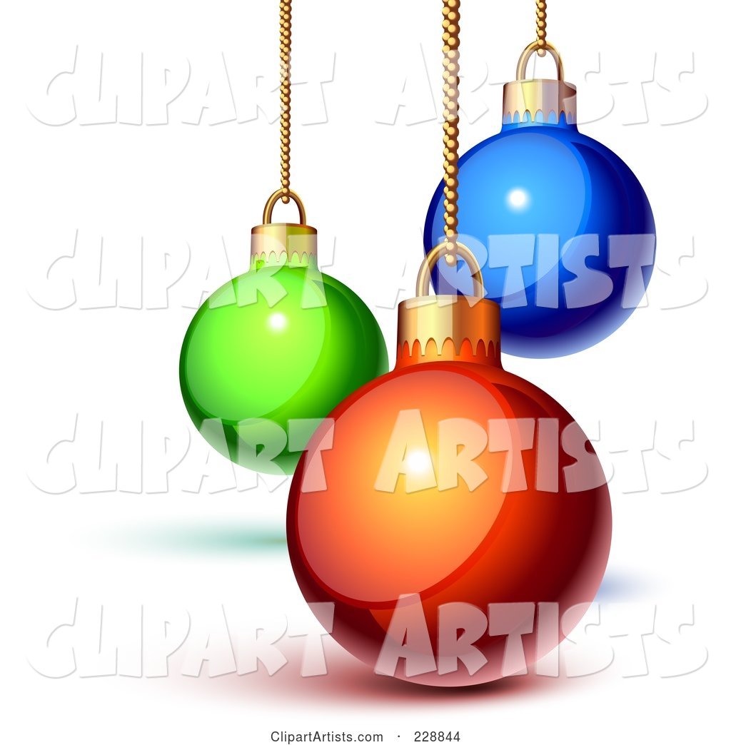 Shiny Green, Blue and Red Christmas Baubles Suspended from Gold Chains