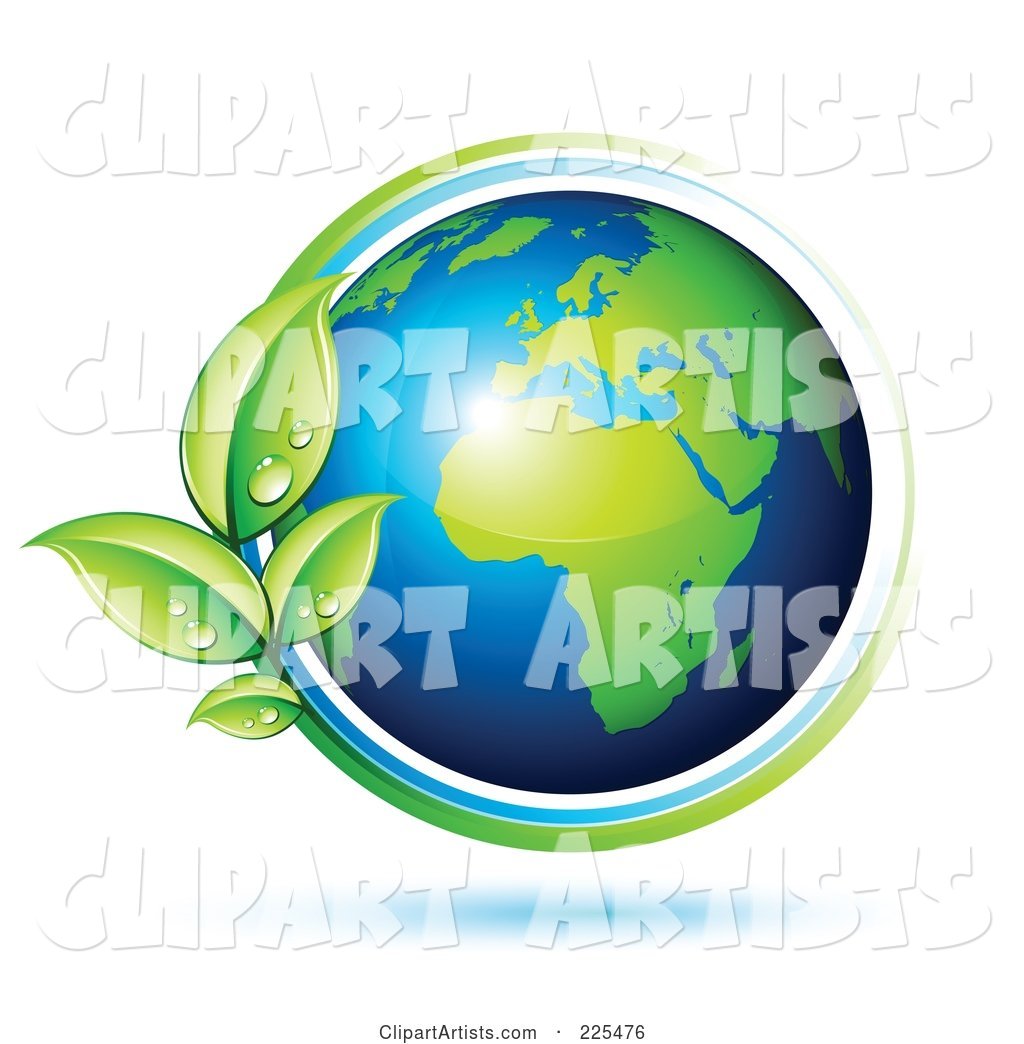 Shiny Gren and Blue African Globe Circled with Blue and Green Lines and Dewy Leaves