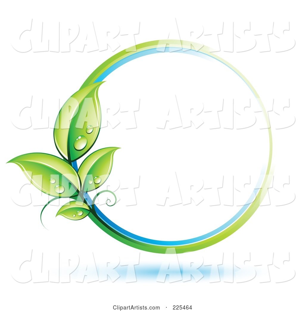 White Circle with White, Blue and Green Lines and Dewy Leaves