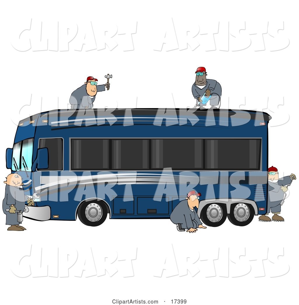 5 Male Mechanics in Coveralls, Working Together to Fix and Repair a Luxurious Blue Bus Conversion Rv Motorhome