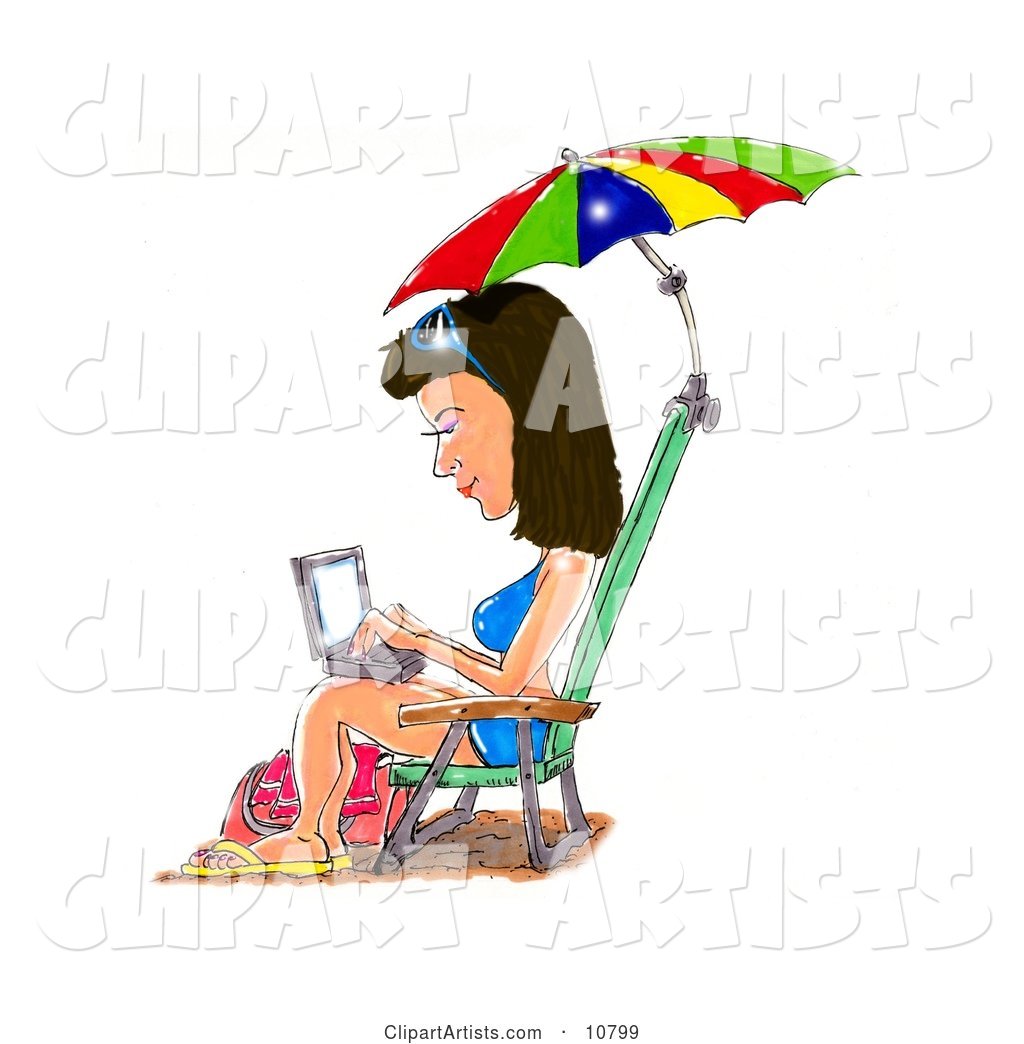 A Brunette Woman in a Blue Bikini, Sandals and Sunglasses, Seated in a Beach Chair Under an Umbrella, Typing on a Laptop Computer