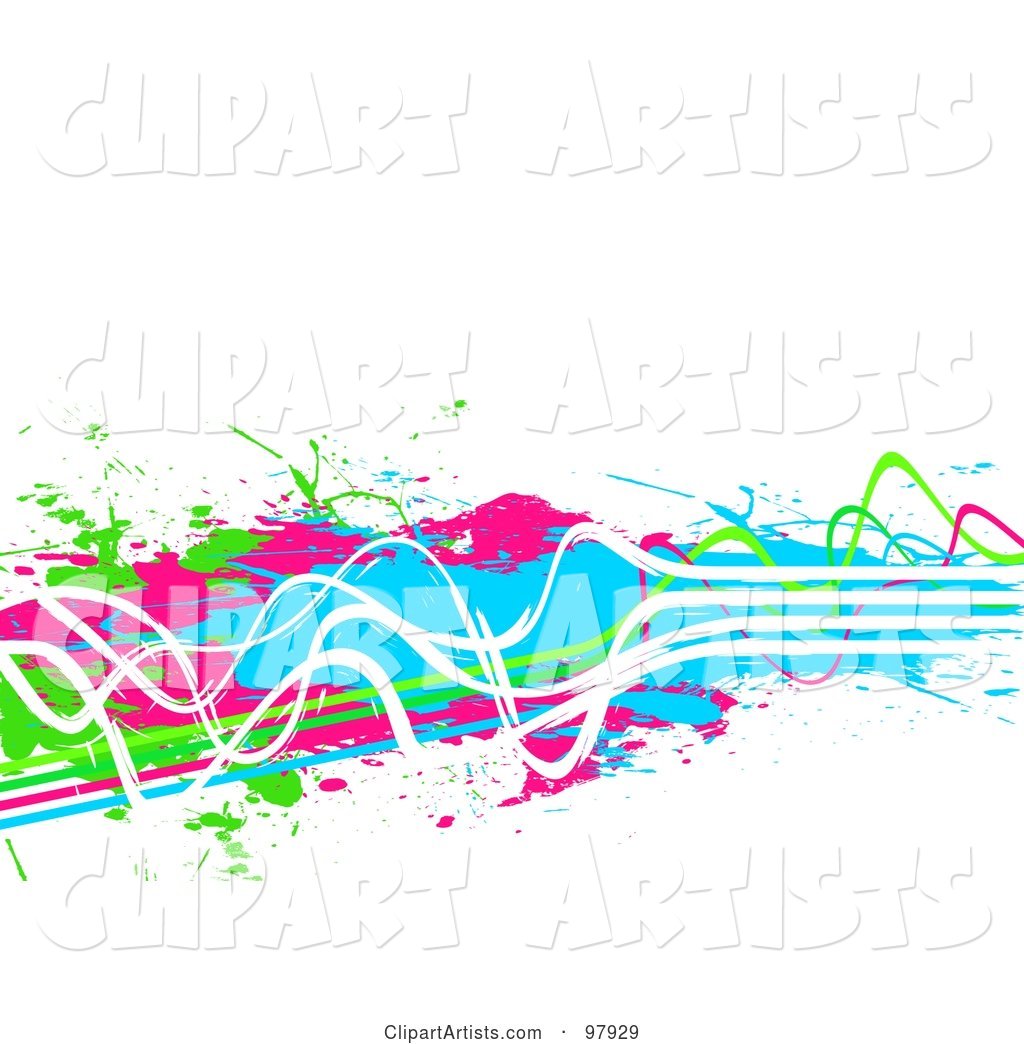 Background of Grungy Neon Green, Pink, Blue and White Paint Lines and Splatters over White