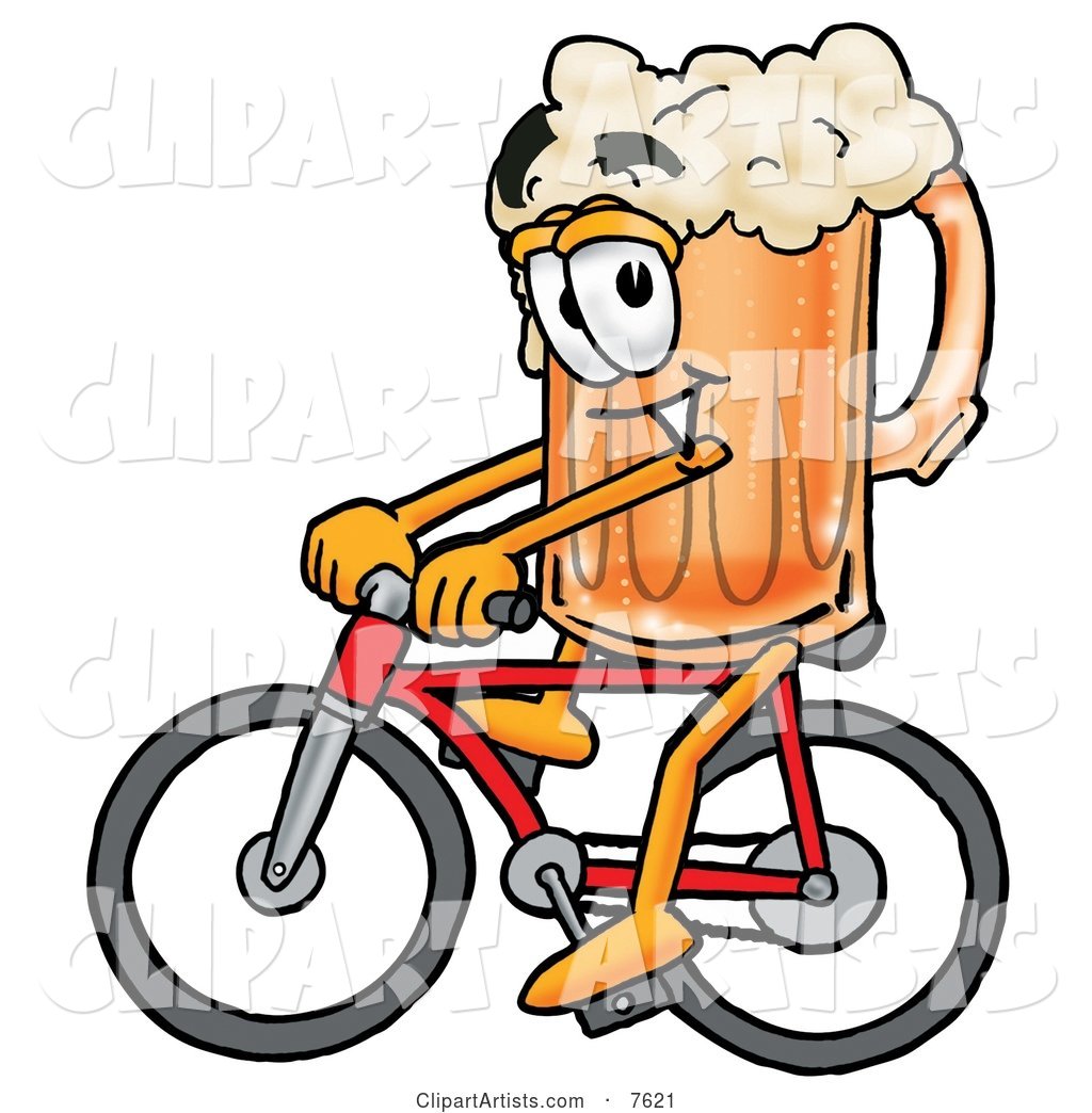 Beer Mug Mascot Cartoon Character Riding a Bicycle