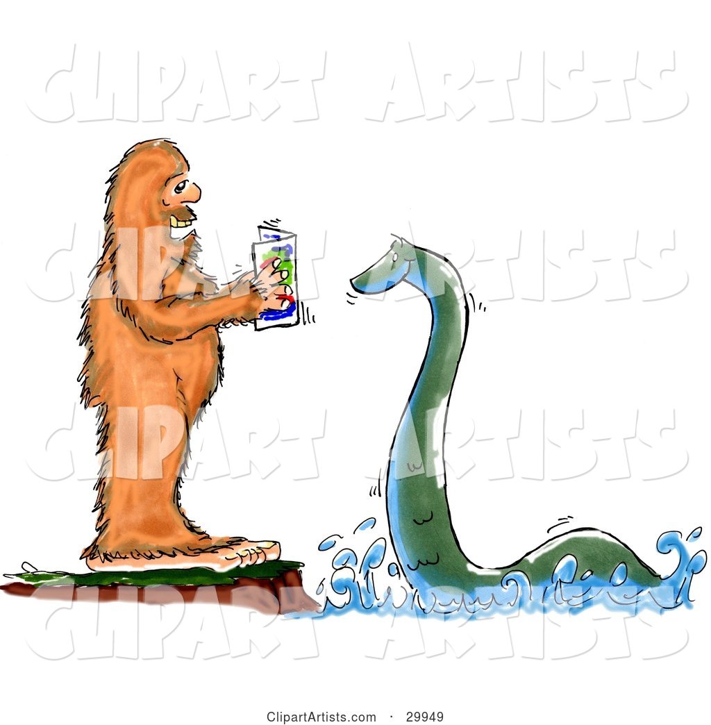 Bigfoot Standing on a Cliff and Reading to the Loch Ness Monster