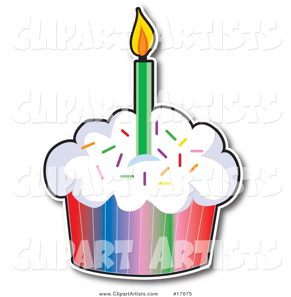 Birthday Cupcake with a Colorful Wrapper and Sprinkles, Topped with a Lit Candle