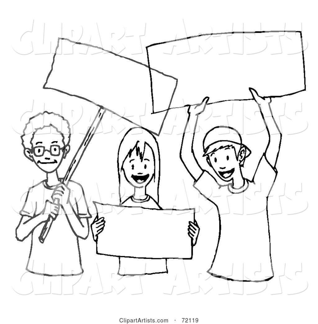 Black and White Outline of Children Holding Blank Signs