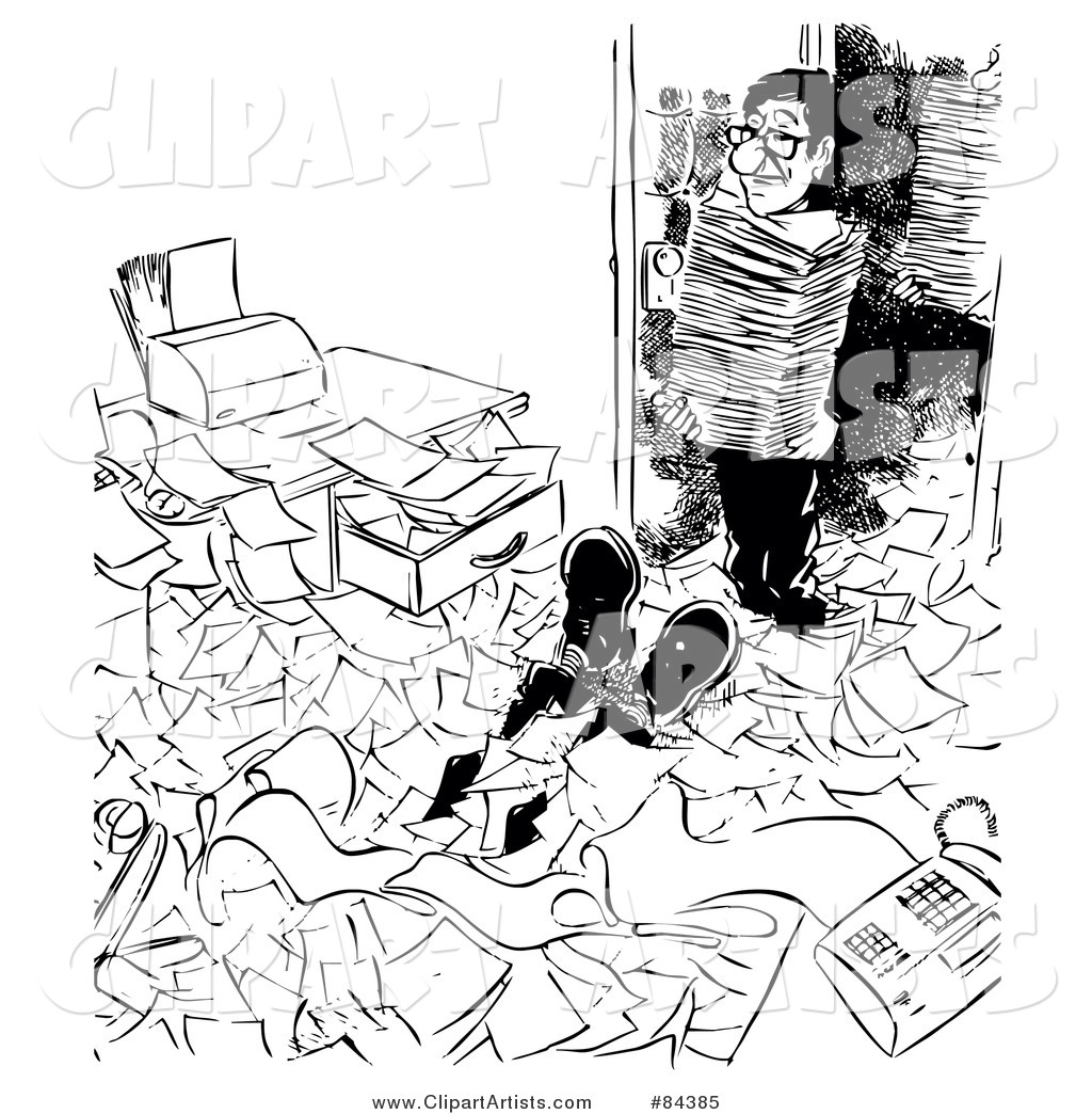 Black and White Sketch of a Man's Legs Buried in Paperwork, an Assistant Bringing in More