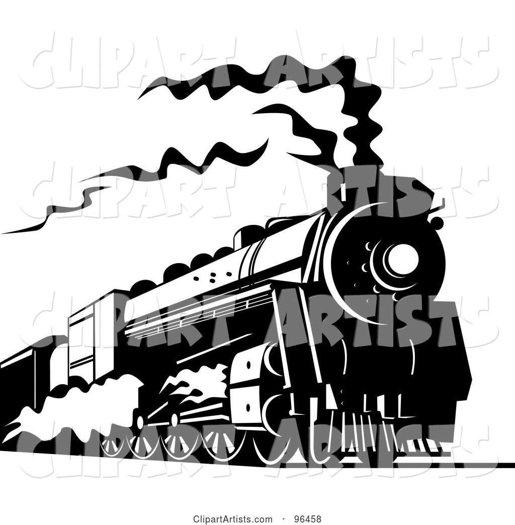 Black and White Steam Train Traveling Along the Railroad