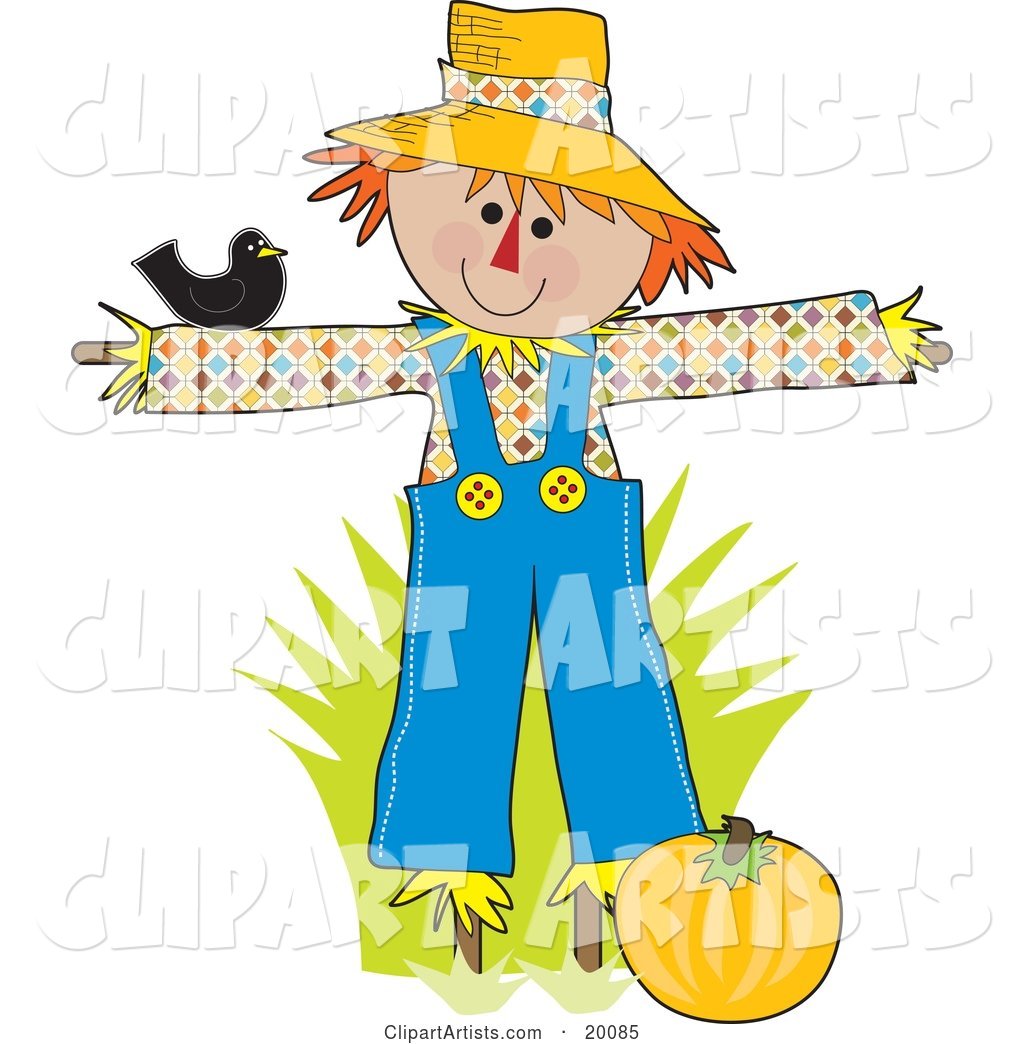 Black Bird Resting on a Happy Scarecrow's Arm As He Guards a Pumpking Patch for Halloween