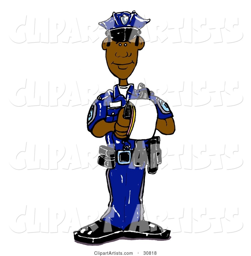 Black Male Cop in a Blue Uniform, Standing and Issuing a Warning or Ticket While on Patrol