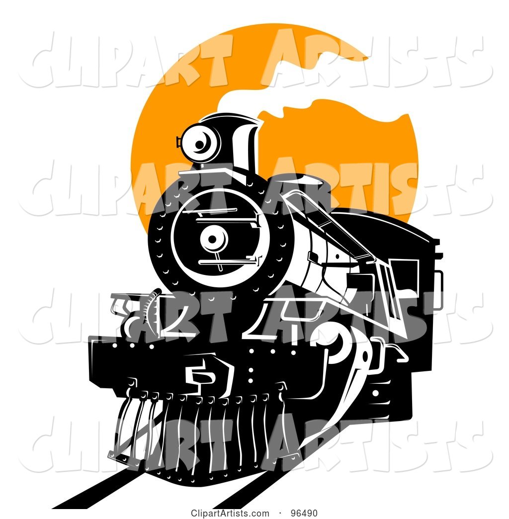 Black Steam Train Moving Forward Against an Orange Sun