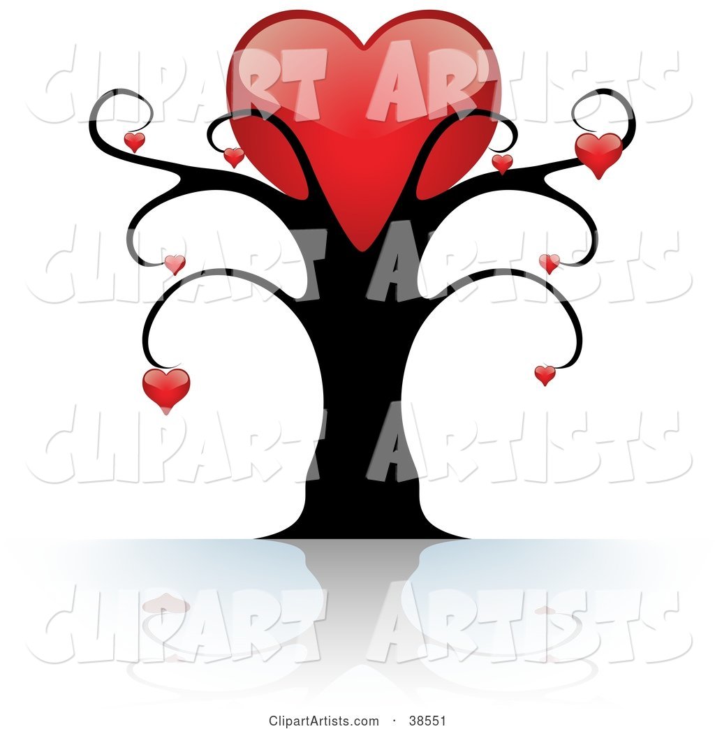 Black Tree with One Large Red Heart on Top and Smaller Hearts Suspended from the Branches