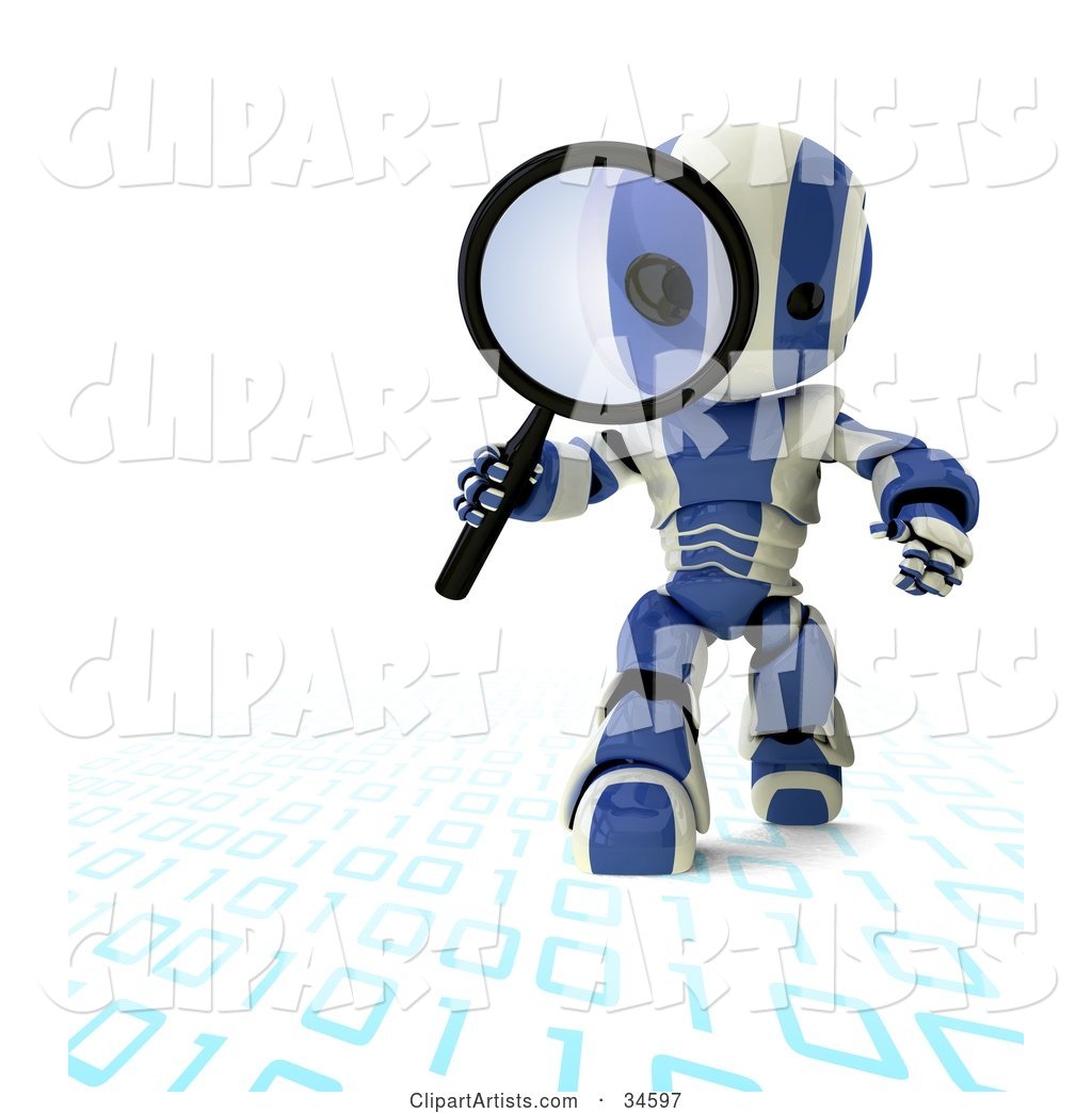 Blue and White AO-Maru Robot Walking on and Inspecting Binary Code with a Magnifying Glass