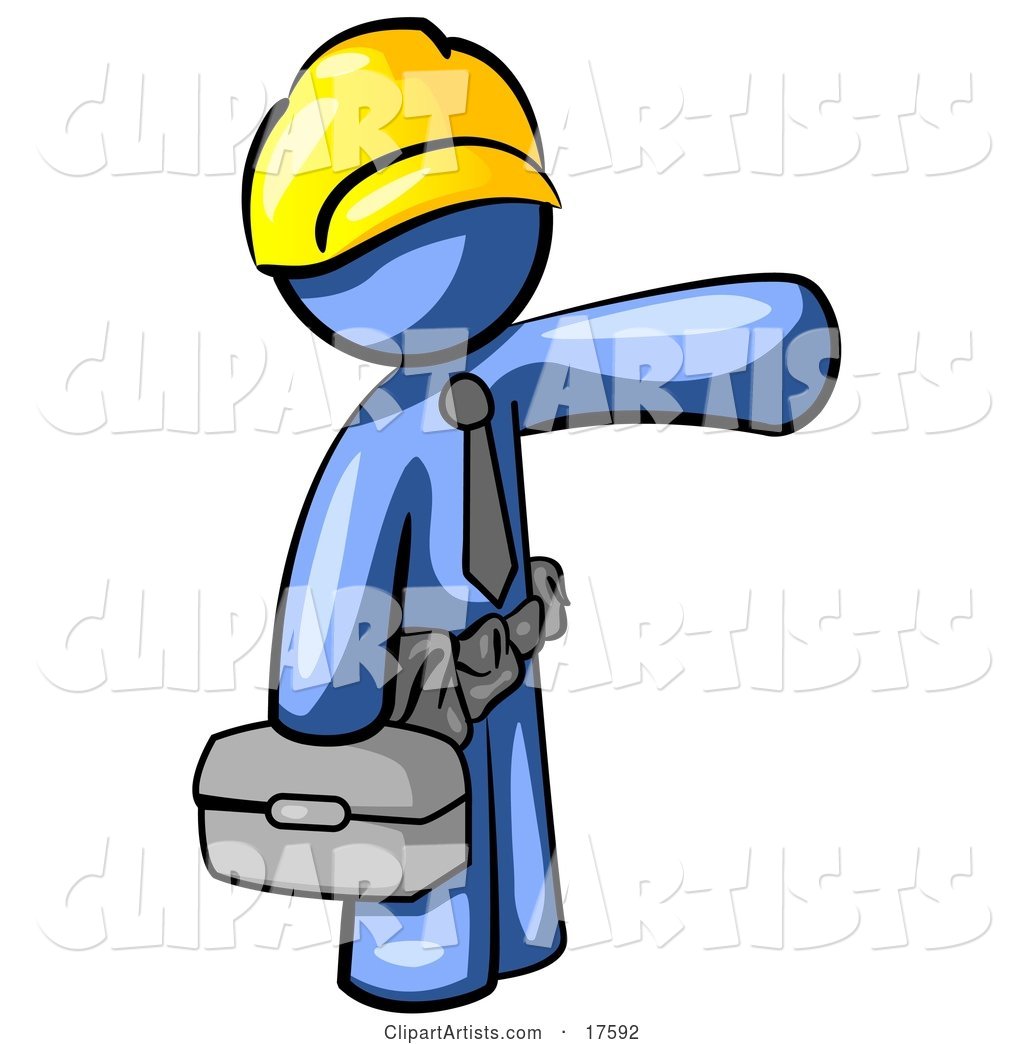 Blue Man, a Construction Worker, Handyman or Electrician, Wearing a Yellow Hardhat and Tool Belt and Carrying a Metal Toolbox While Pointing to the Right