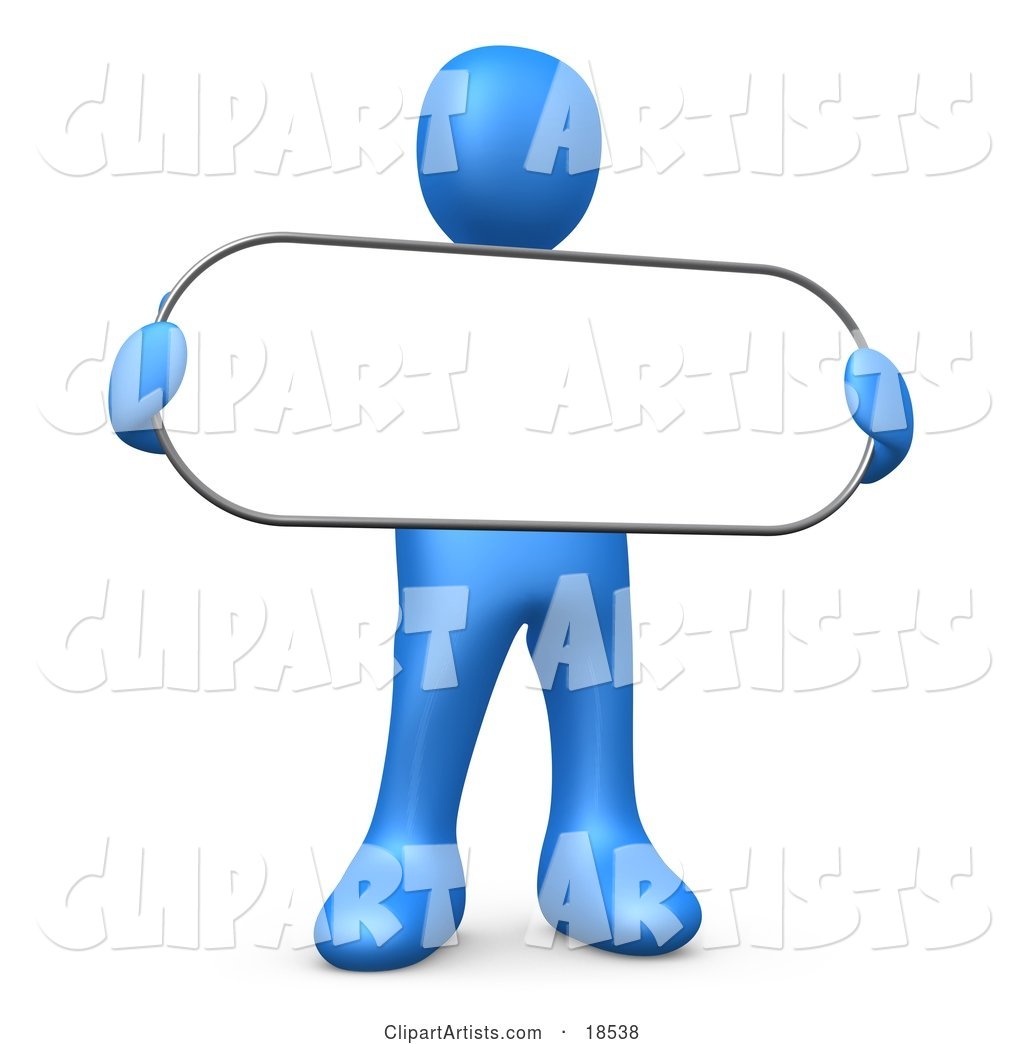 Blue Person Holding a Blank White Oval Sign