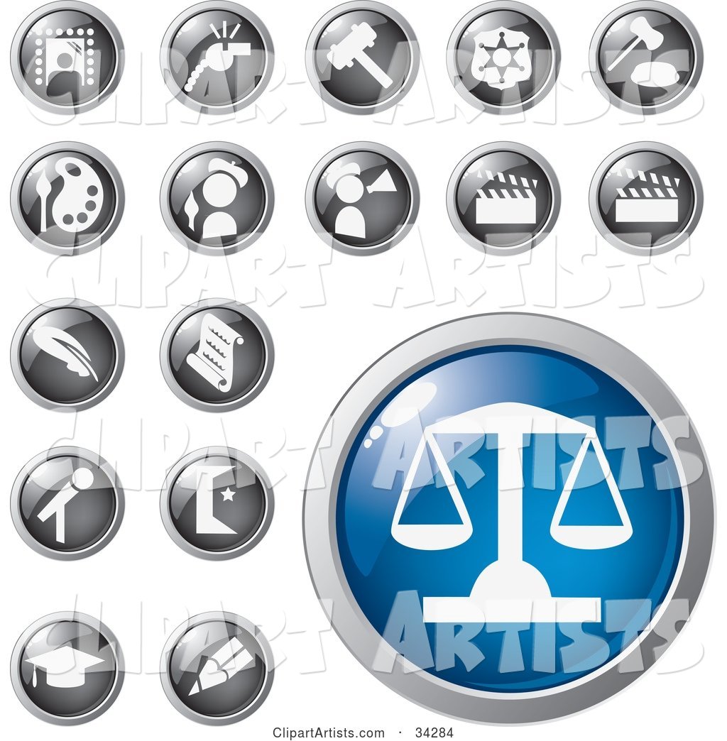 Blue Scales of Justice Icon Button with a Set of Legal, Entertainment, Art and Educational Icons