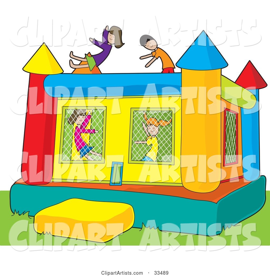 Boys and Girls Jumping in a Colorful Inflatable Bouncy Castle on Grass
