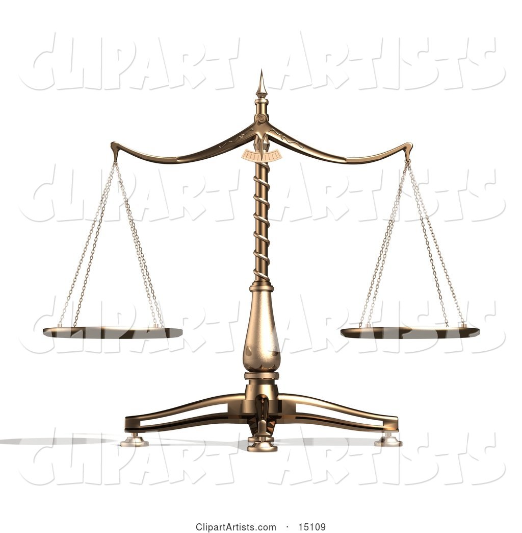 Brass Scales of Justice Balanced Evenly over a White Background