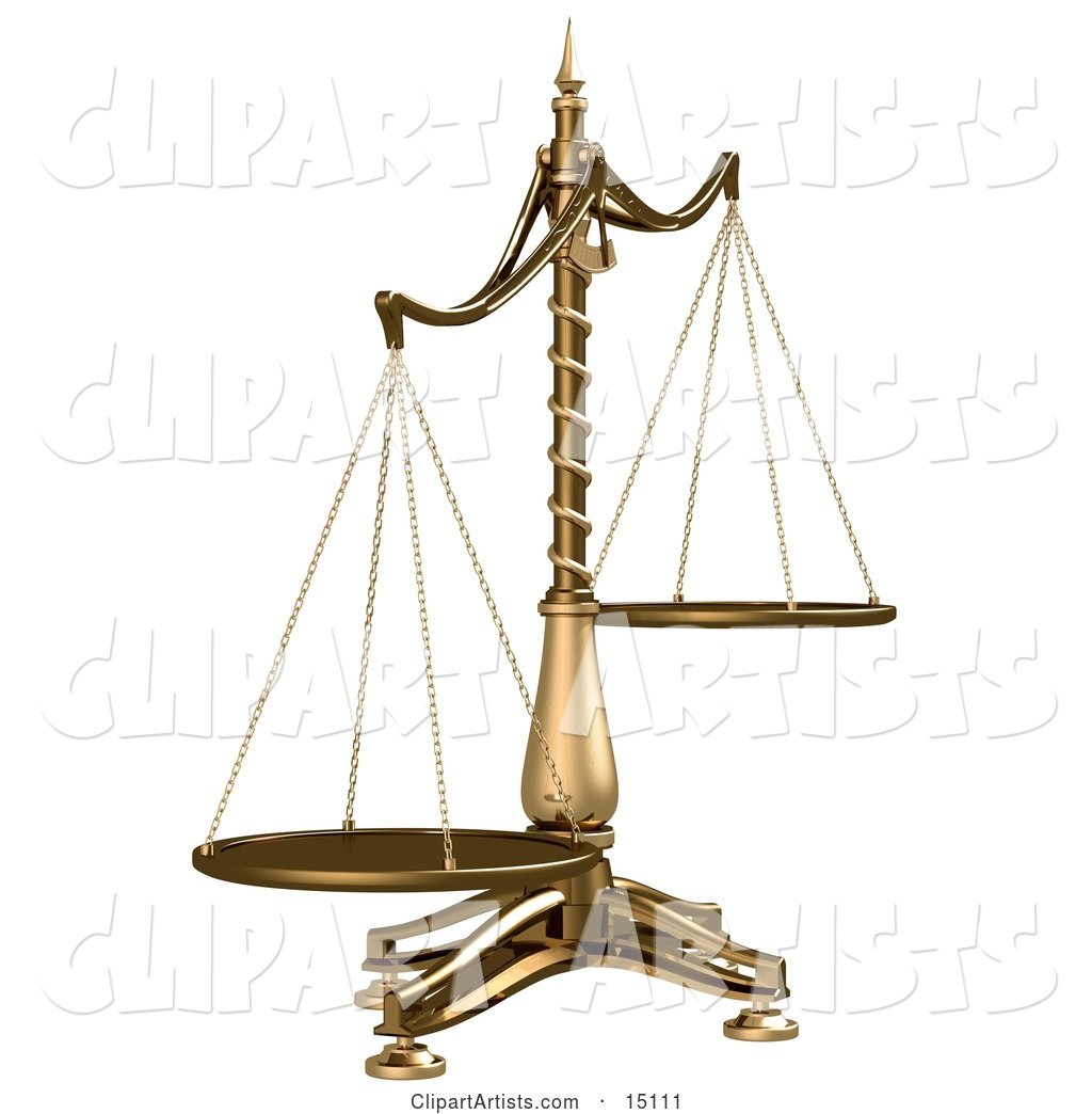 Brass Scales of Justice off Balance, Symbolizing Injustice on a White Background