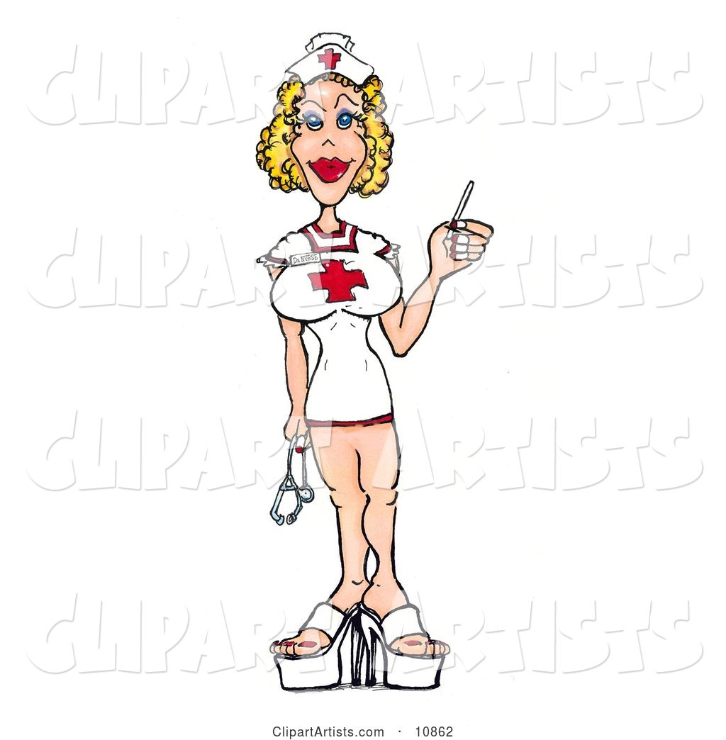 Busty Blond Female Nurse in a Short Dress Holding a Stethoscope